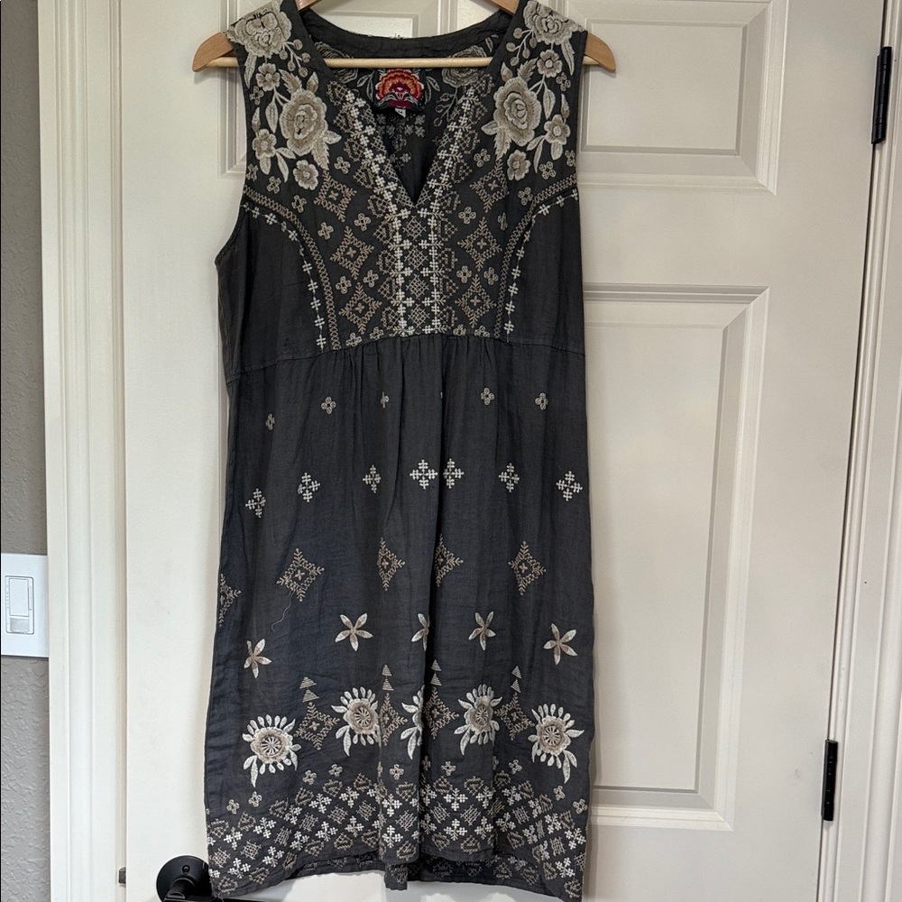 Johnny Was Gray Floral Embroidered Midi Dress